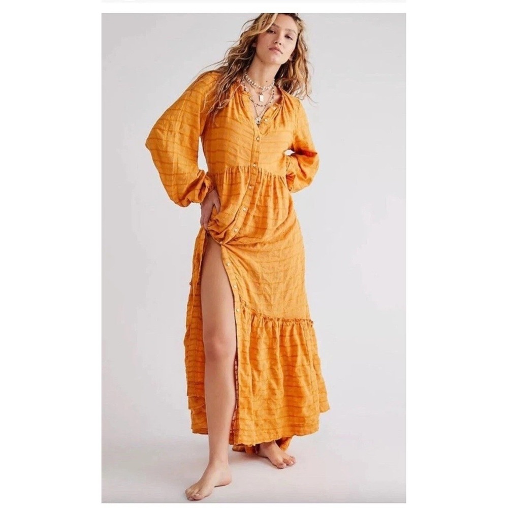 Free People Edie Orange Textured Tiered Maxi Dress Boho Cottagecore Womens S